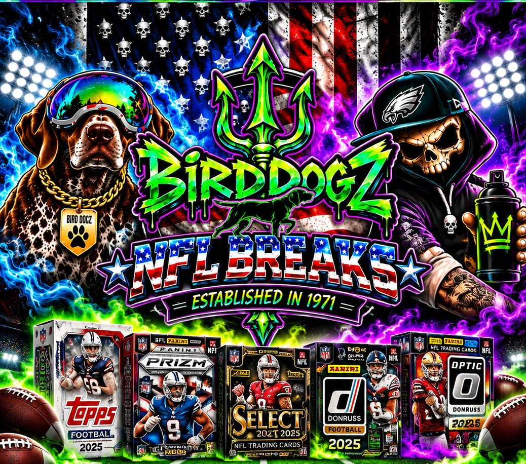 Bird Dogz NFL Breaks logo, American flag, official dog and skull mascots, and NFL football trading card boxes